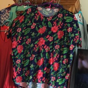 Lularoe Irma size 2XL blue background pink flowers and shades of green leaves